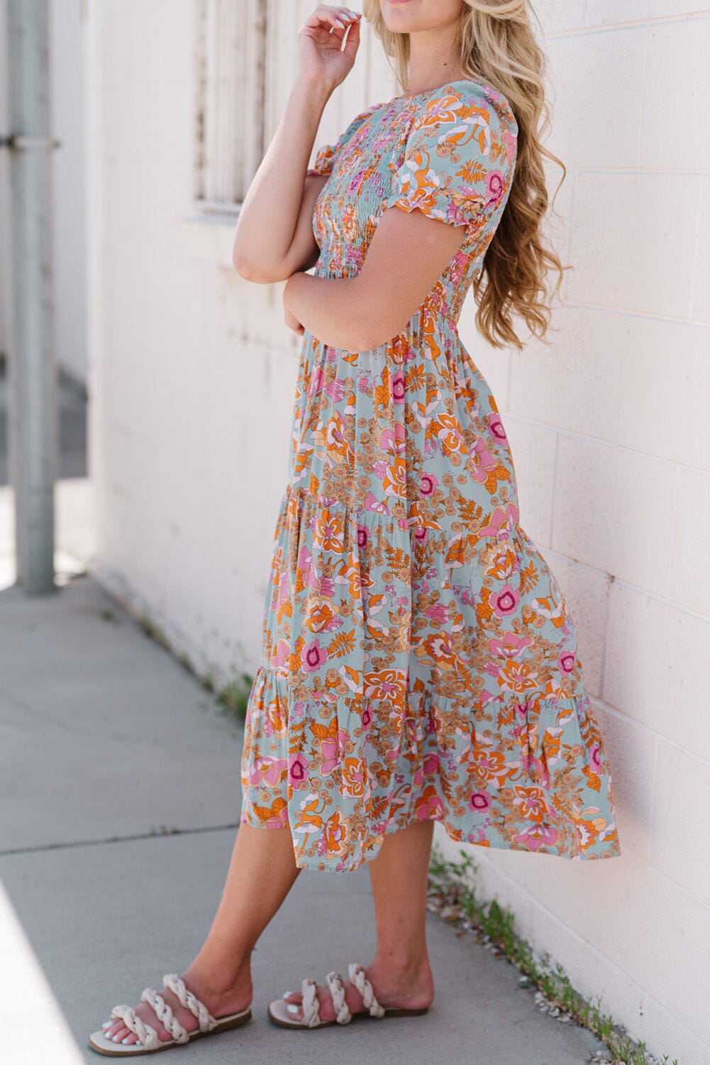 Floral Flounce Sleeve Round Neck Midi Dress - Sydney So Sweet