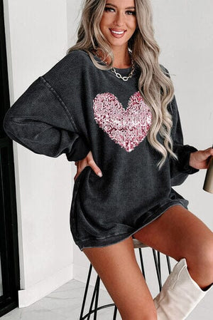 Heart Sequin Round Neck Sweatshirt - Sydney So Sweet