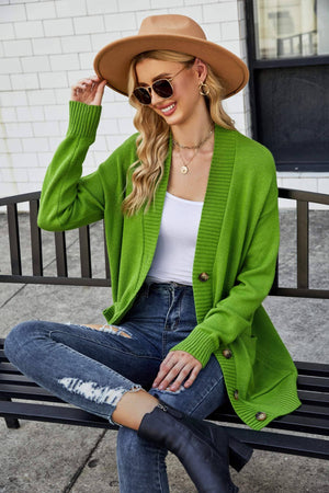 Ribbed Trim Dropped Shoulder Pocketed Cardigan - Sydney So Sweet