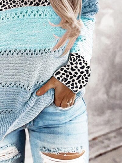 Full Size Openwork Leopard Drawstring Hooded Sweater - Sydney So Sweet