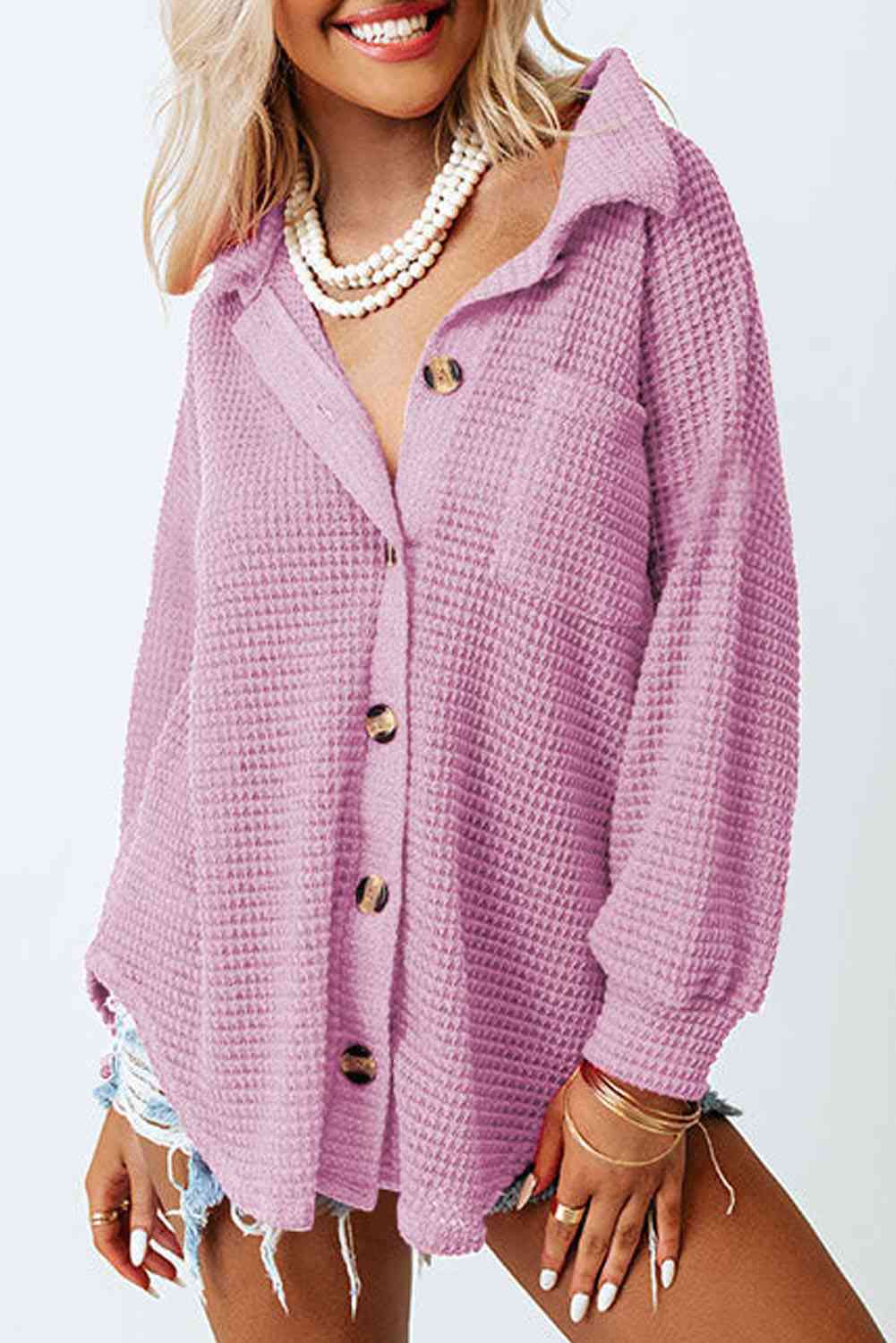 Waffle-Knit Button Up Long Sleeve Shirt with Pocket - Sydney So Sweet