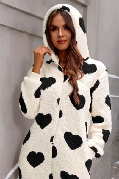 Fuzzy Heart Zip Up Hooded Lounge Jumpsuit - Sydney So Sweet