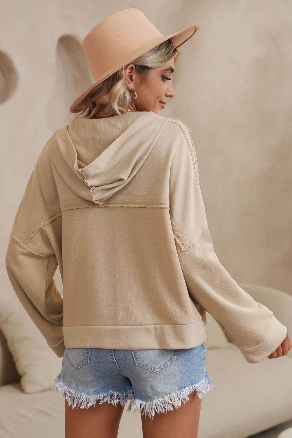 Quarter-Button Exposed Seam Dropped Shoulder Hoodie - Sydney So Sweet