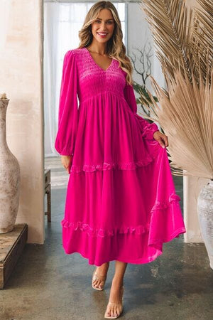 Frill V-Neck Balloon Sleeve Tiered Dress - Sydney So Sweet