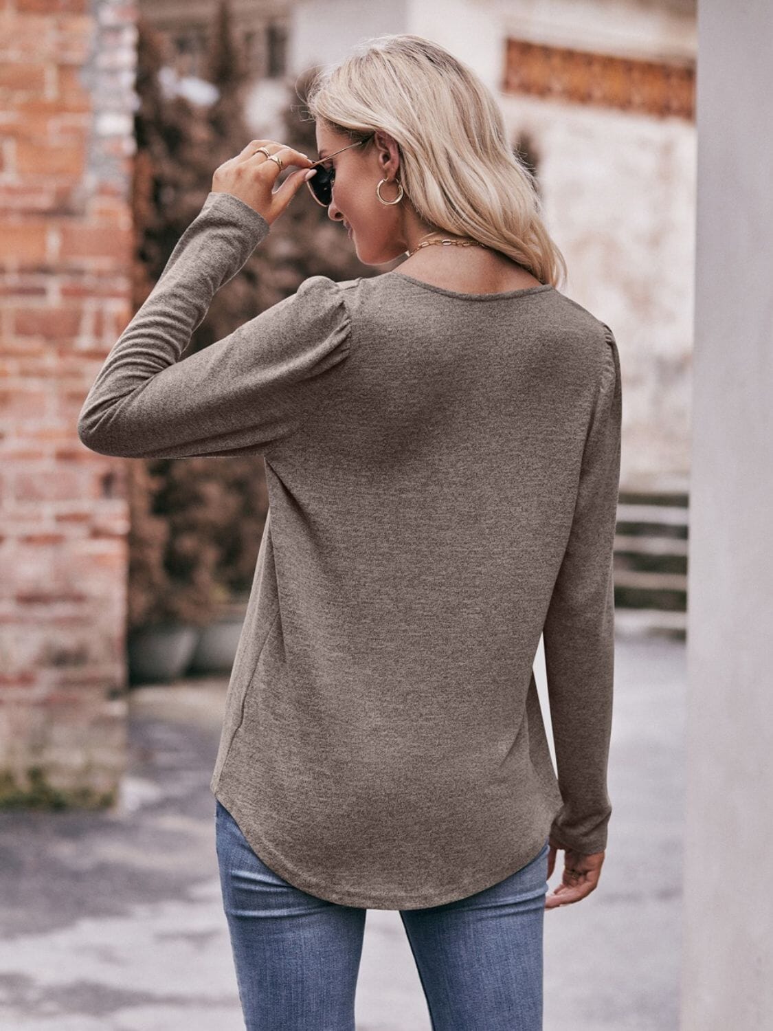 Pleated Detail Curved Hem Long Sleeve Top - Sydney So Sweet