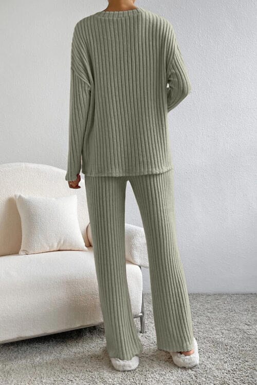 Ribbed V-Neck Top and Pants Set - Sydney So Sweet