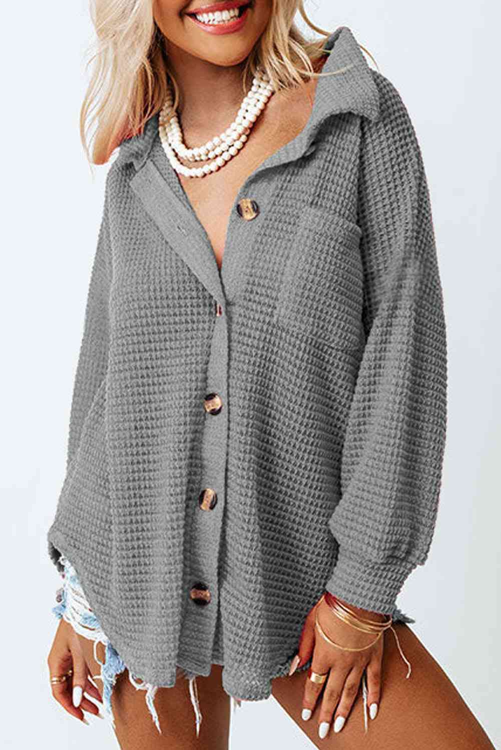 Lucky Brand Womens long sleeve 3/4 button up waffle-knit gray shirt, size  Medium