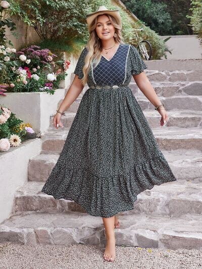 Plus Size Printed V-Neck Flutter Sleeve Midi Dress - Sydney So Sweet