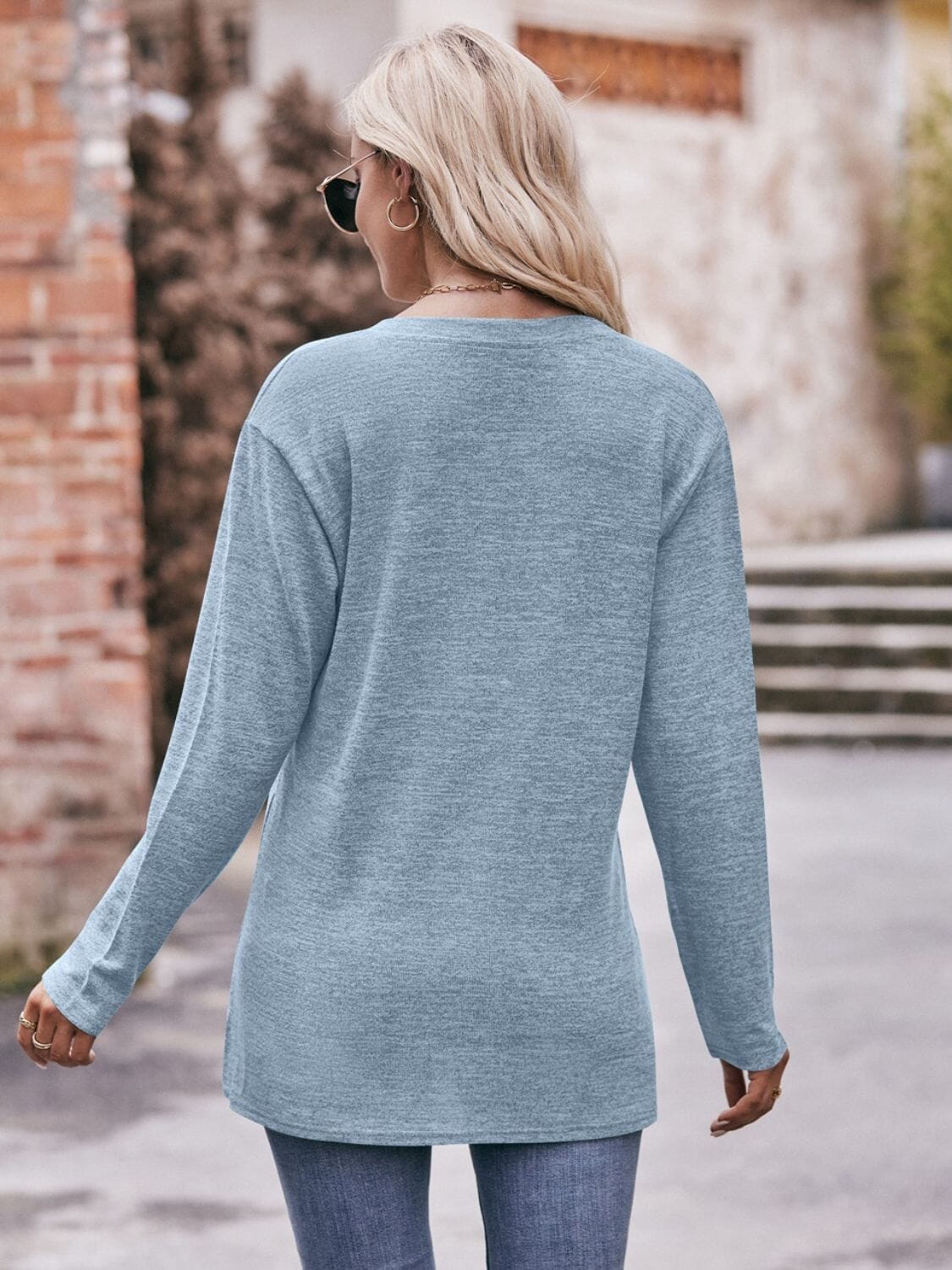 Buttoned Notched Neck Long Sleeve Top - Sydney So Sweet