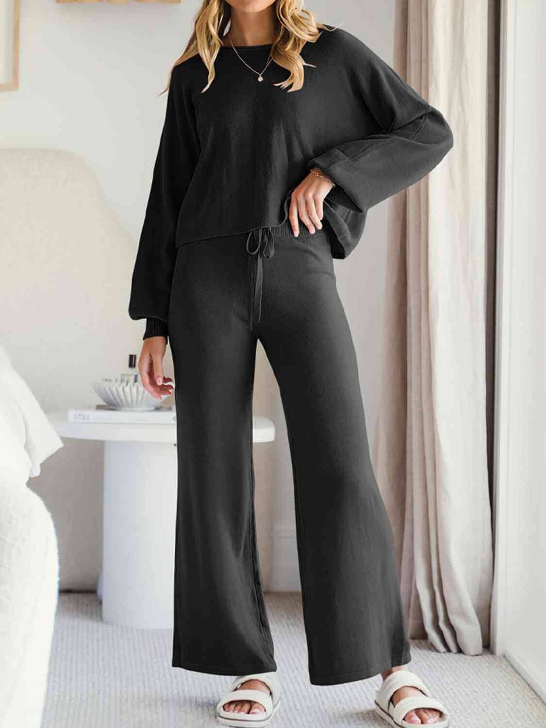 Long Sleeve Lounge Top and Drawstring Pants Set - Sydney So Sweet