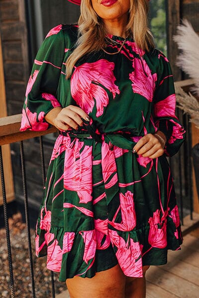 Plus Size Printed Lantern Sleeve Ruffle Hem Dress - Sydney So Sweet