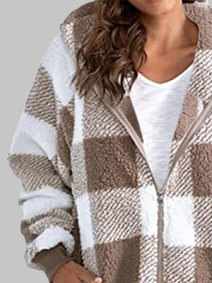 Plaid Zip-Up Hooded Jacket with Pockets - Sydney So Sweet
