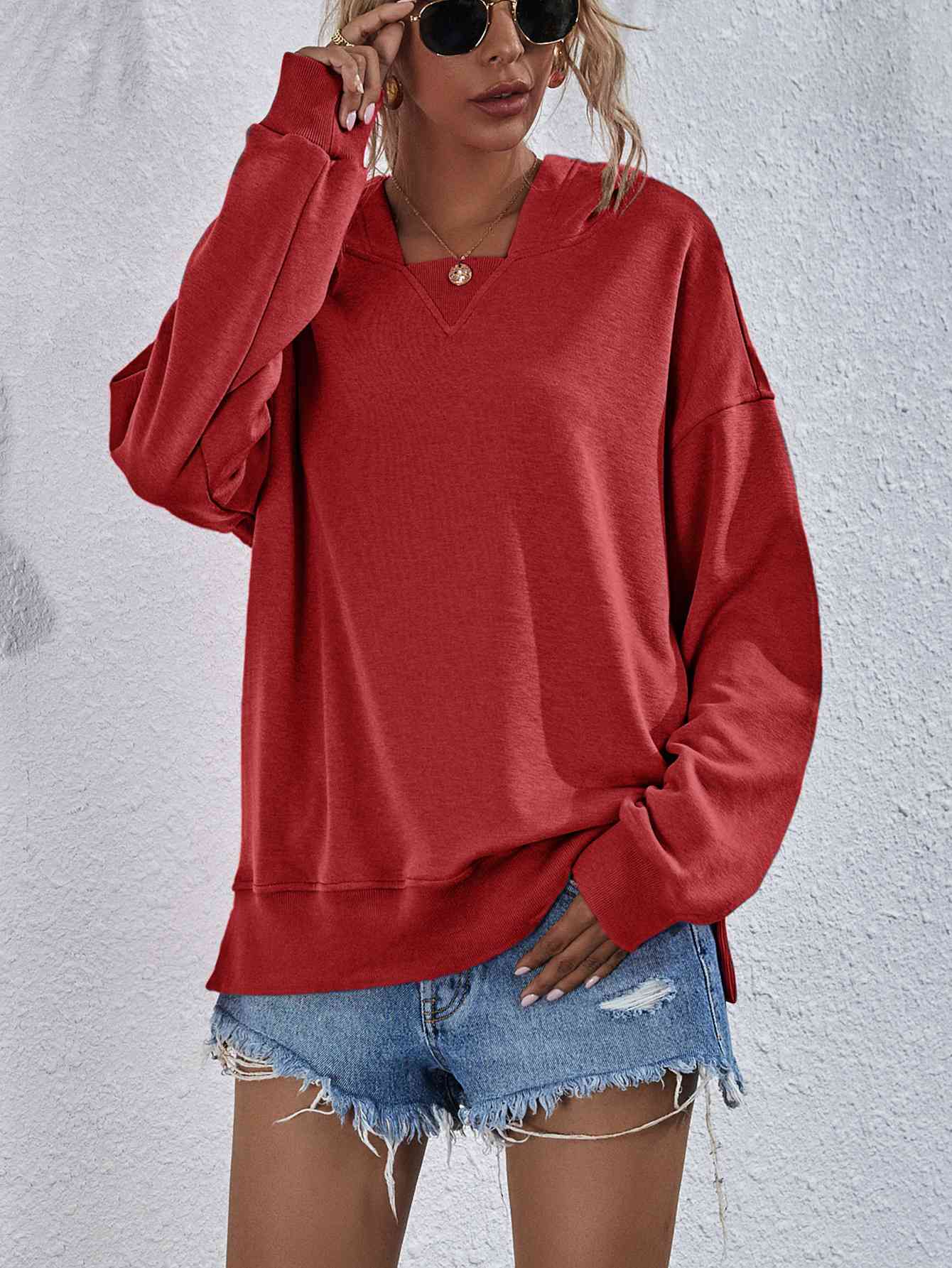 Dropped Shoulder Slit Hoodie - Sydney So Sweet