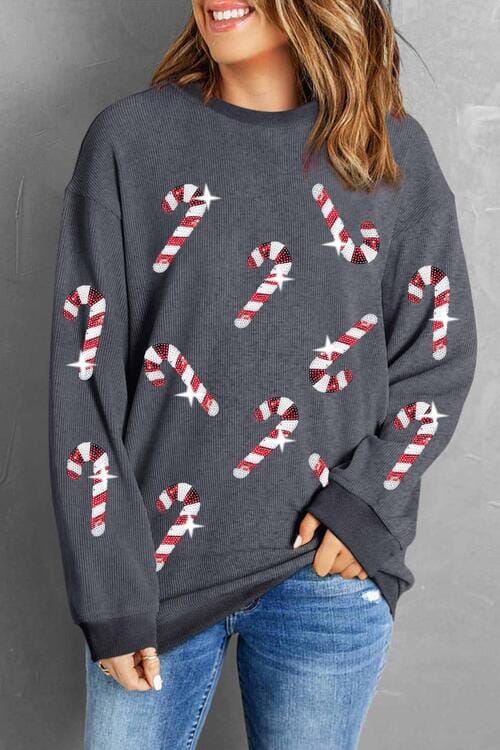 Sequin Candy Cane Round Neck Sweatshirt - Sydney So Sweet