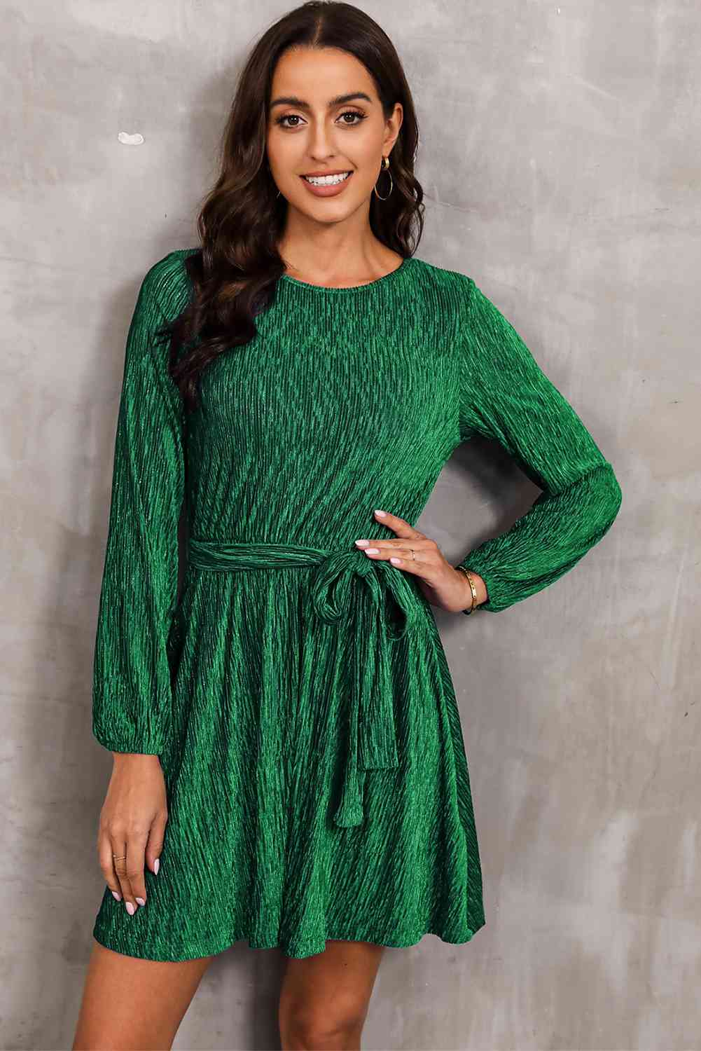 Round Neck Tie Front Long Sleeve Dress - Sydney So Sweet