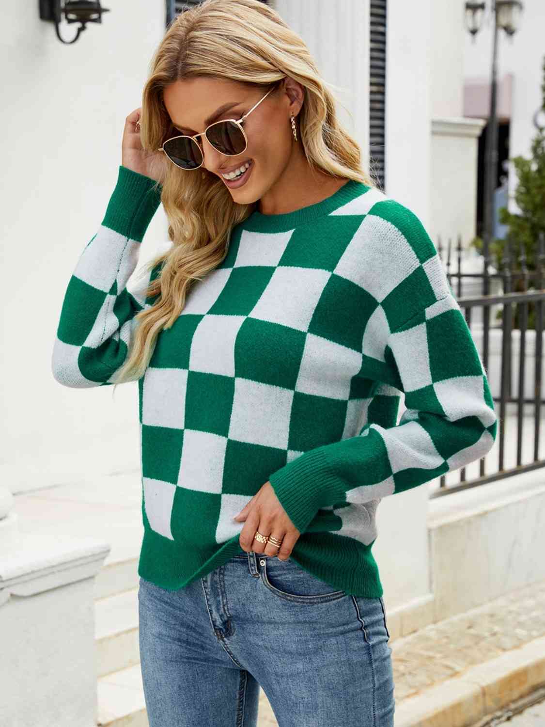 Green Checkered Round Neck Sweater - Sydney So Sweet