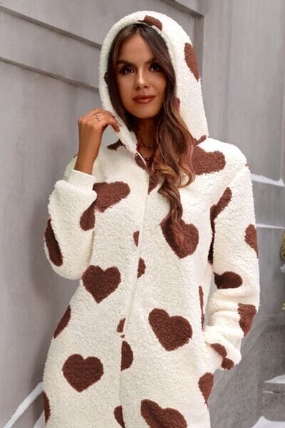 Fuzzy Heart Zip Up Hooded Lounge Jumpsuit - Sydney So Sweet