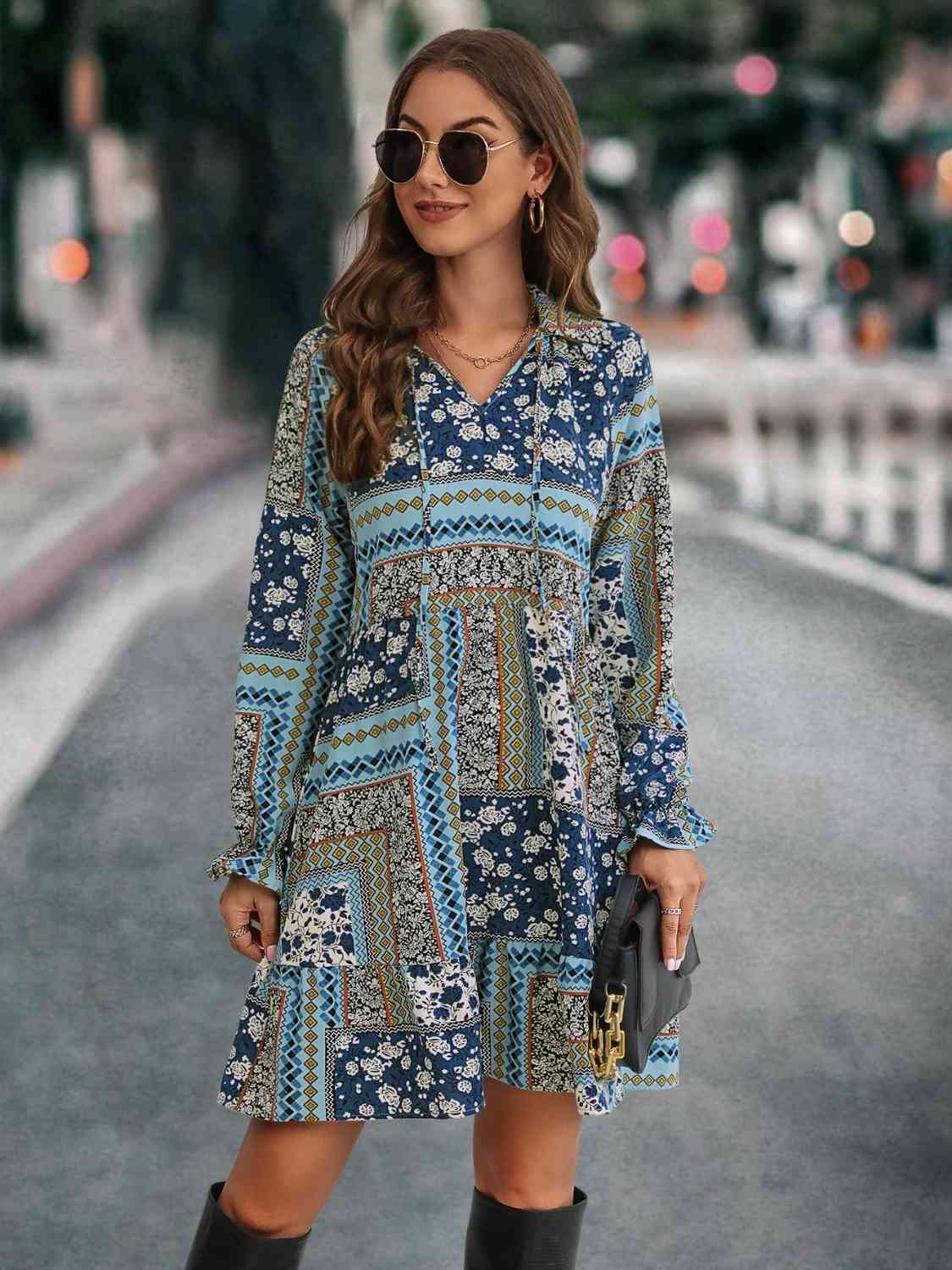 Printed Tie Front Flounce Sleeve Dress - Sydney So Sweet