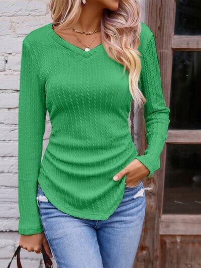 Textured Ruched V-Neck Long Sleeve Top - Sydney So Sweet