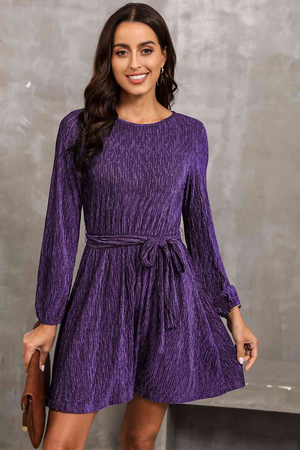 Round Neck Tie Front Long Sleeve Dress - Sydney So Sweet