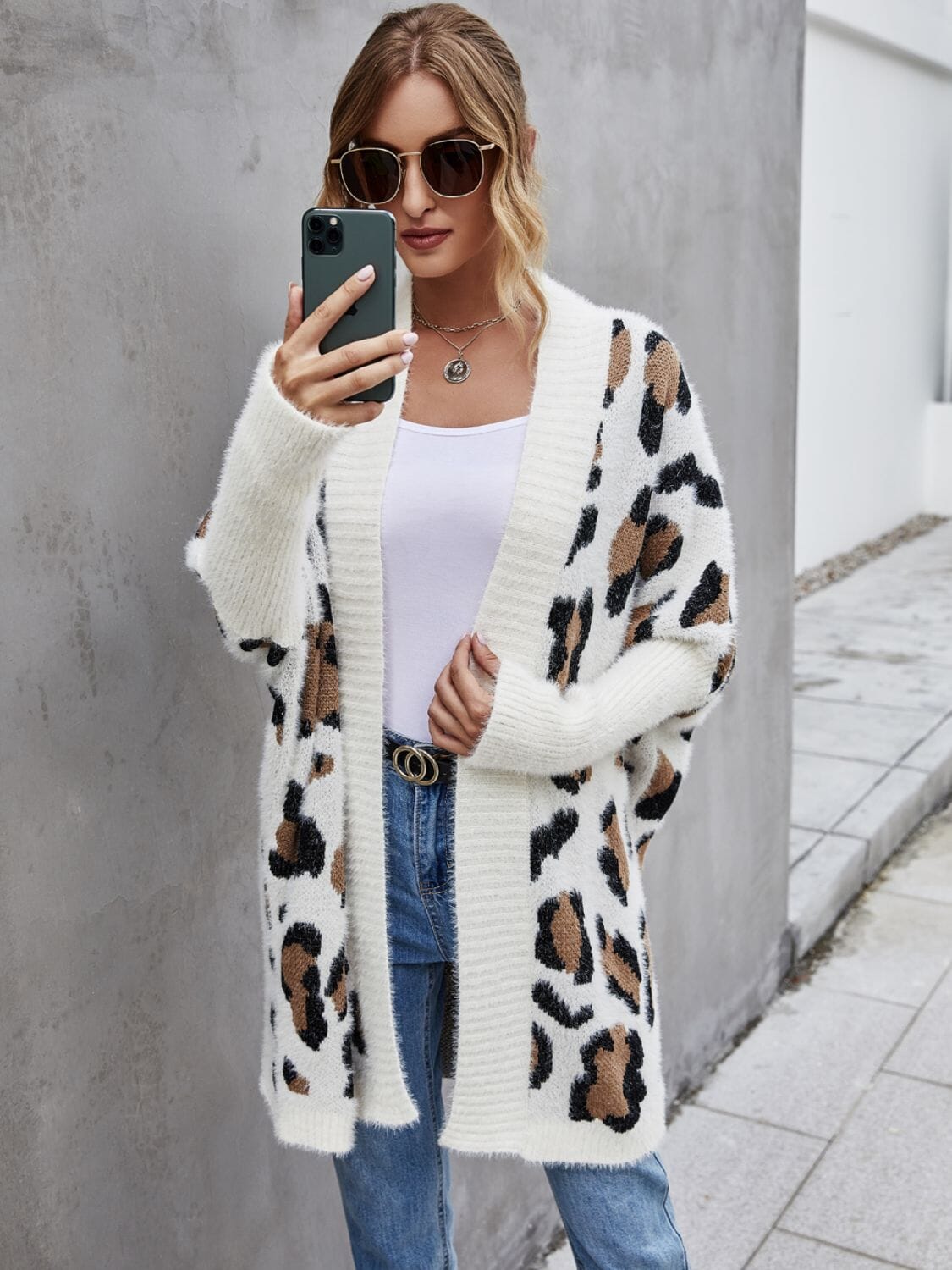 Leopard Pattern Fuzzy Long Cardigan - Sydney So Sweet