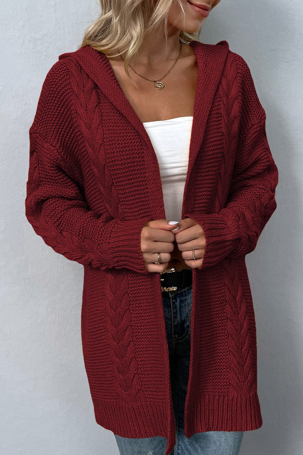 Cable-Knit Dropped Shoulder Hooded Cardigan - Sydney So Sweet