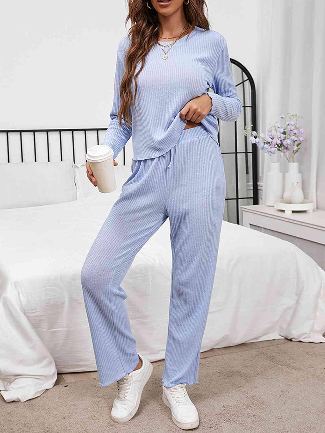 Round Neck Long Sleeve Top and Drawstring Pants Lounge Set Misty Blue / S