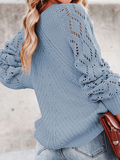 Openwork Round Neck Lantern Sleeve Sweater - Sydney So Sweet