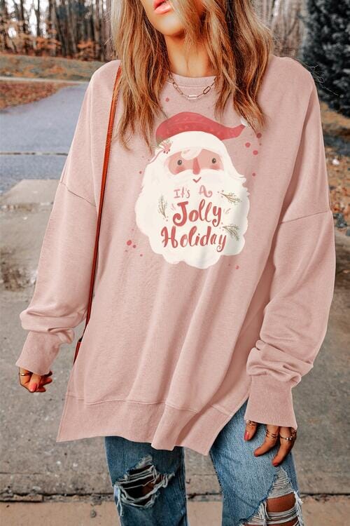 Santa Claus Graphic Round Neck Slit Sweatshirt - Sydney So Sweet