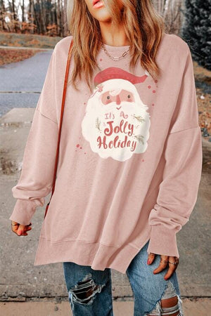 Santa Claus Graphic Round Neck Slit Sweatshirt - Sydney So Sweet