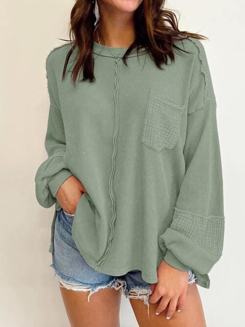 Waffle-Knit Exposed Seam Lantern Sleeve Blouse - Sydney So Sweet