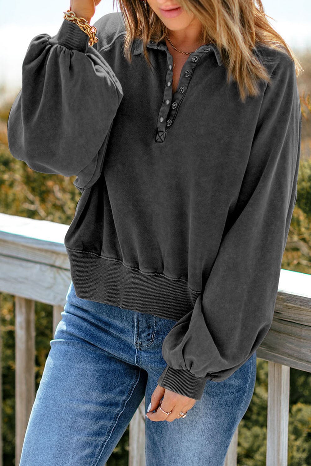 Quarter-Snap Collared Lantern Sleeve Sweatshirt - Sydney So Sweet