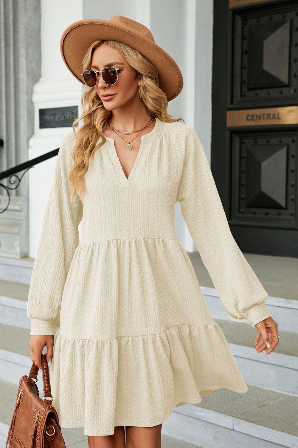 Notched Neck Long Sleeve Mini Dress - Sydney So Sweet