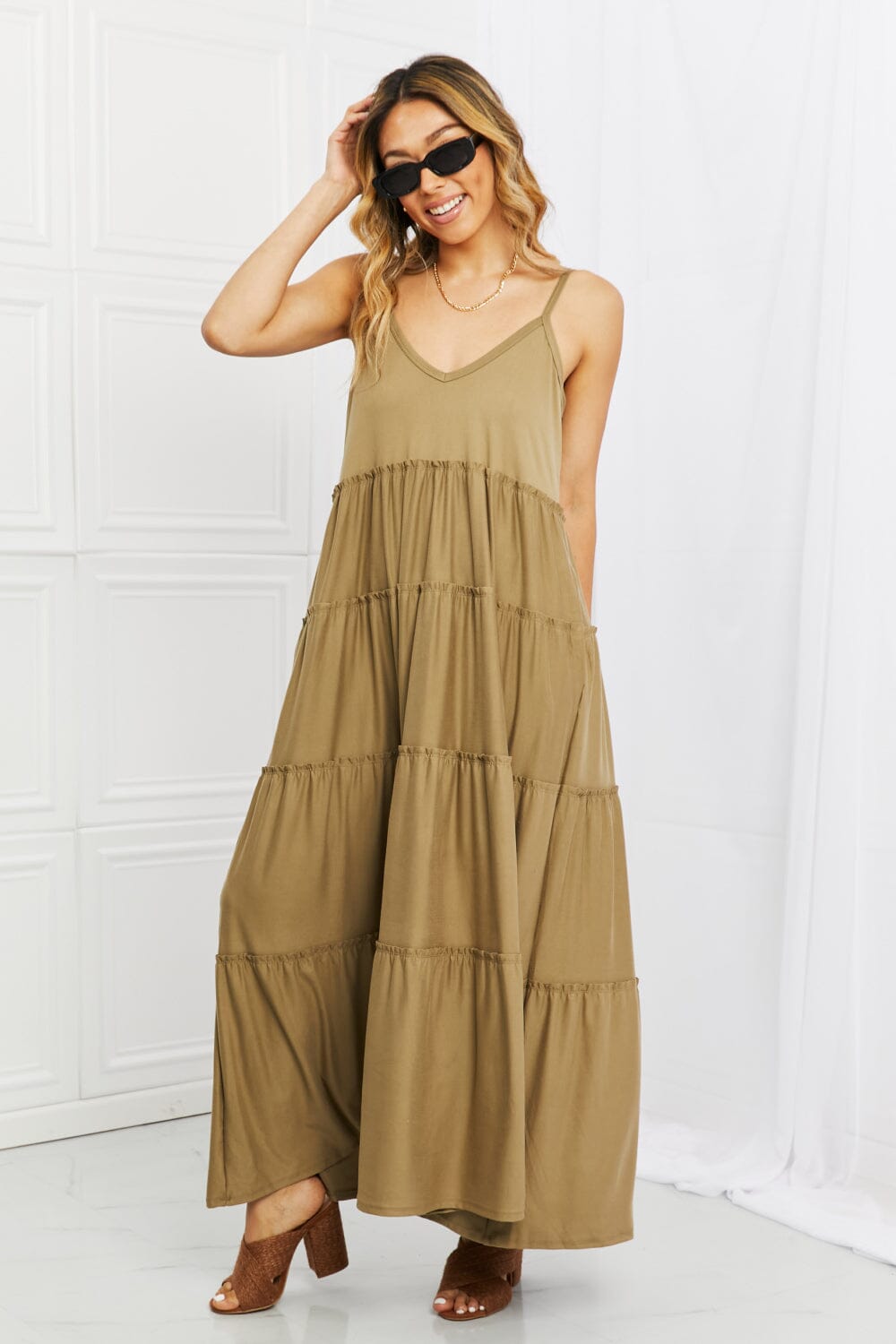 Zenana Full Size Spaghetti Strap Tiered Dress with Pockets in Khaki - Sydney So Sweet