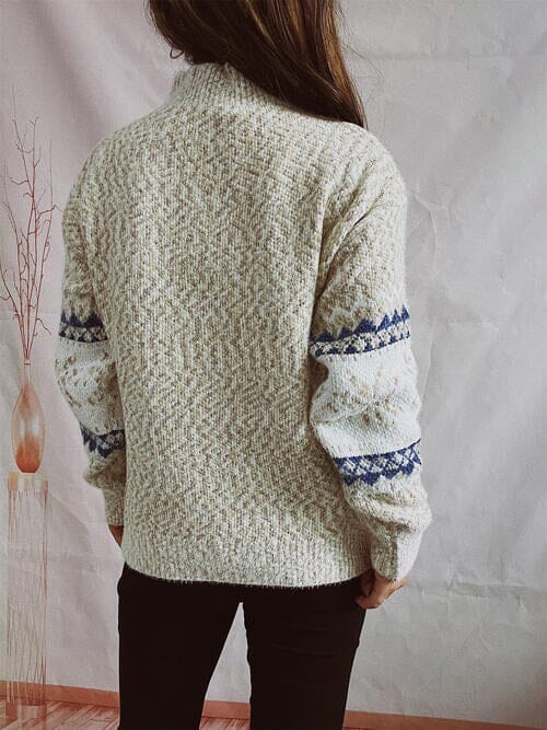 Geometric Mock Neck Dropped Shoulder Sweater - Sydney So Sweet