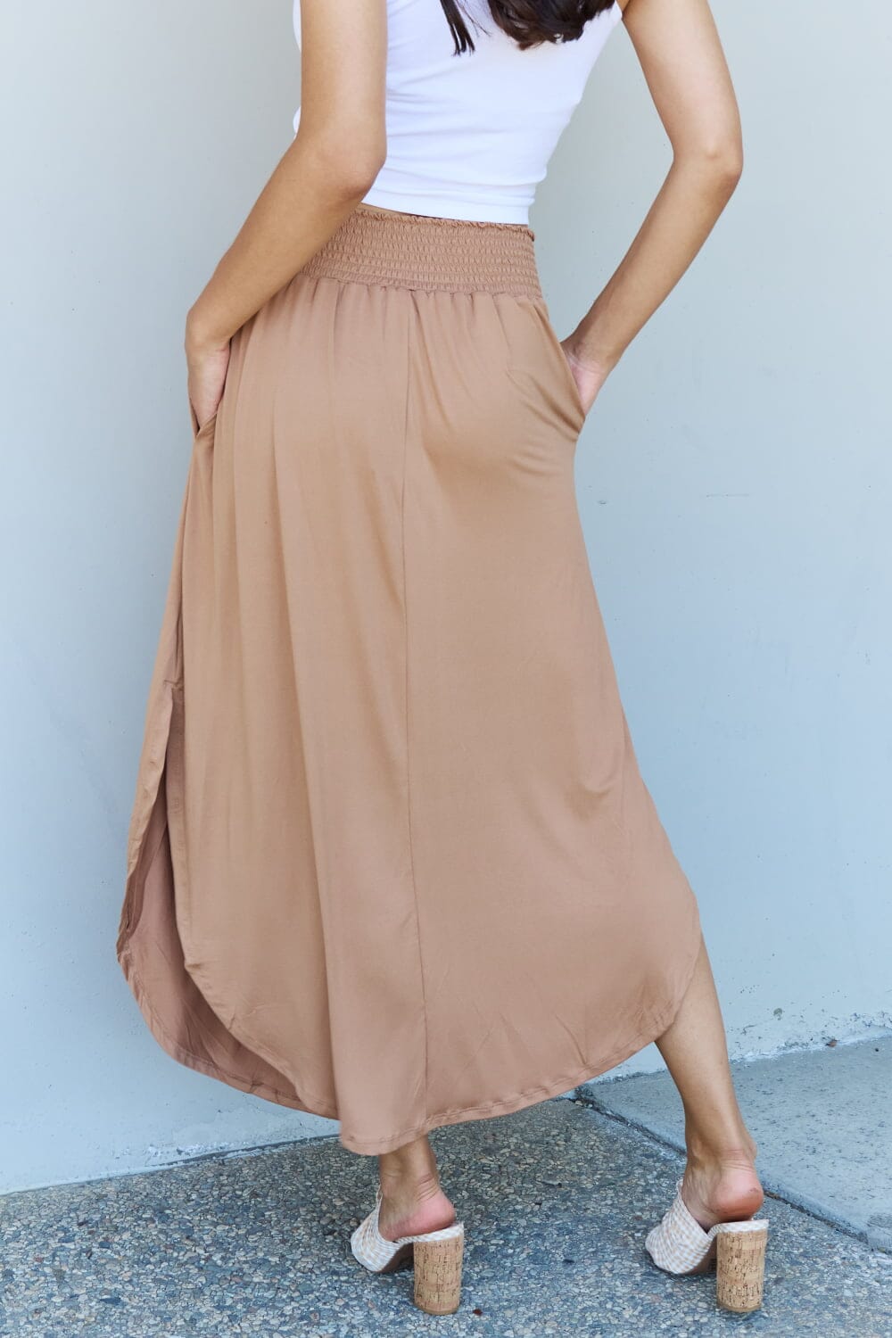 Full Size High Waist Scoop Hem Maxi Skirt in Tan - Sydney So Sweet