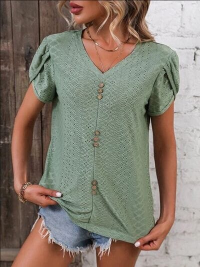 Eyelet V-Neck Petal Sleeve T-Shirt - Sydney So Sweet