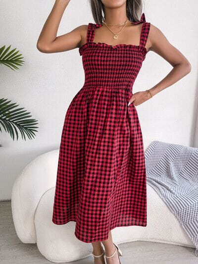 Frill Plaid Square Neck Midi Dress - Sydney So Sweet