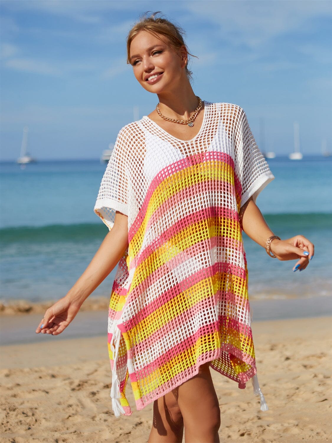 Cutout Striped Cover-Up with Tassel - Sydney So Sweet