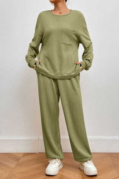 Pocketed Round Neck Top and Pants Lounge Set - Sydney So Sweet