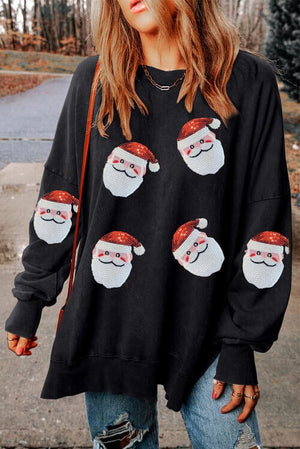 Sequin Santa Round Neck Slit Sweatshirt - Sydney So Sweet