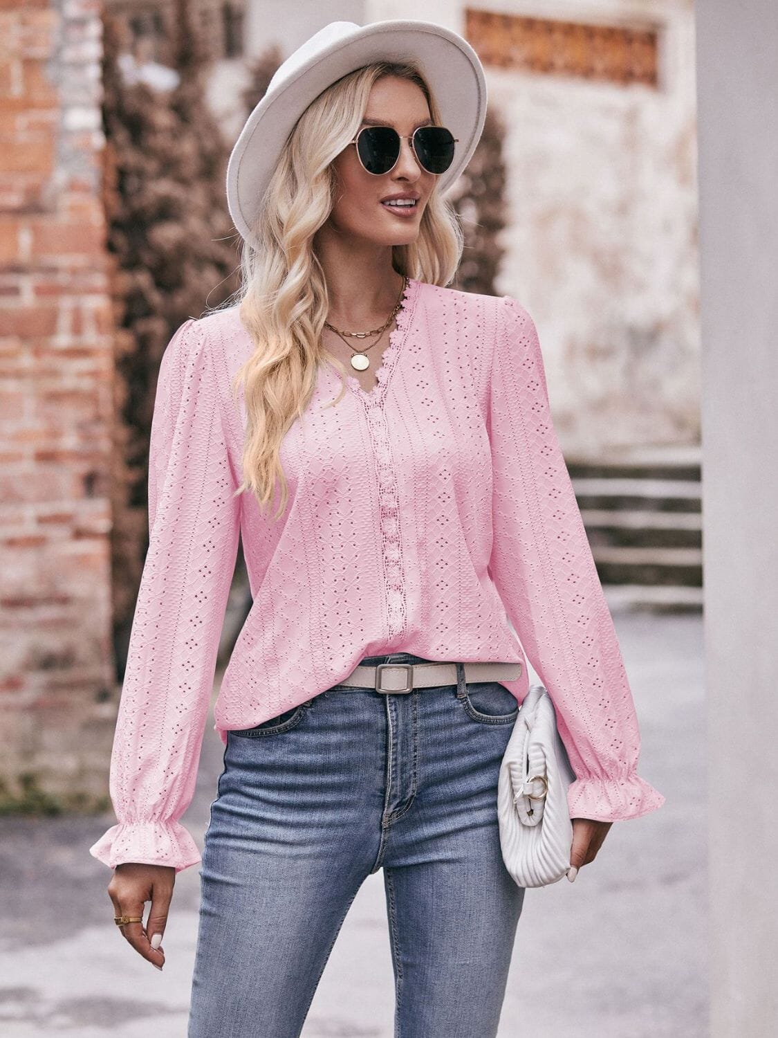 Eyelet V-Neck Flounce Sleeve Blouse - Sydney So Sweet