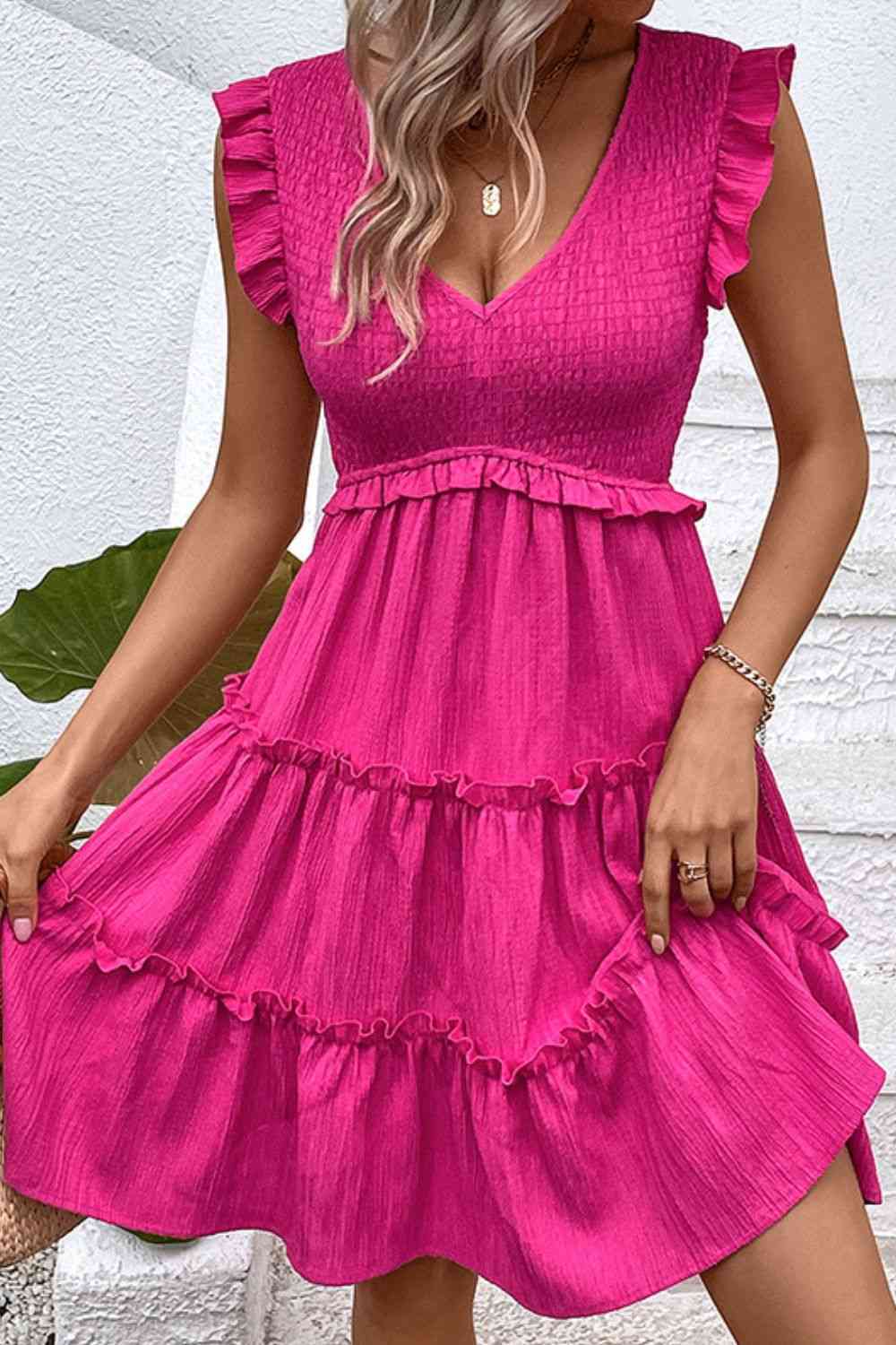 Smocked Frill Trim Deep V Dress - Sydney So Sweet