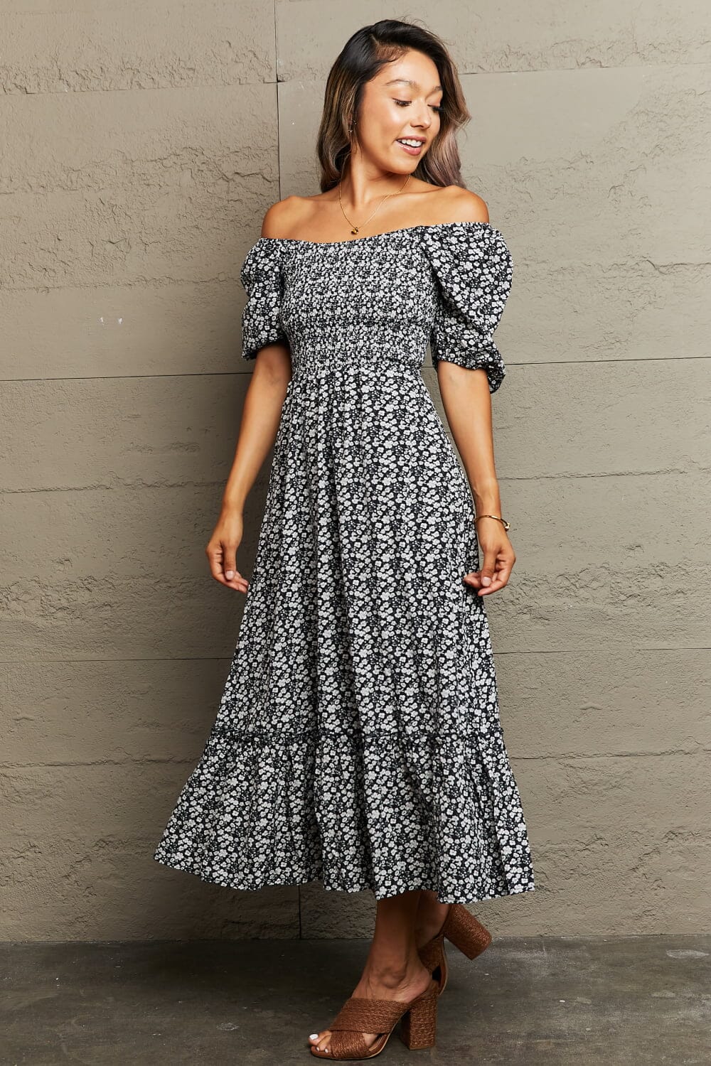 Floral Lace-Up Off-Shoulder Midi Dress - Sydney So Sweet