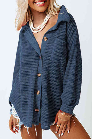 Waffle-Knit Button Up Long Sleeve Shirt with Pocket - Sydney So Sweet