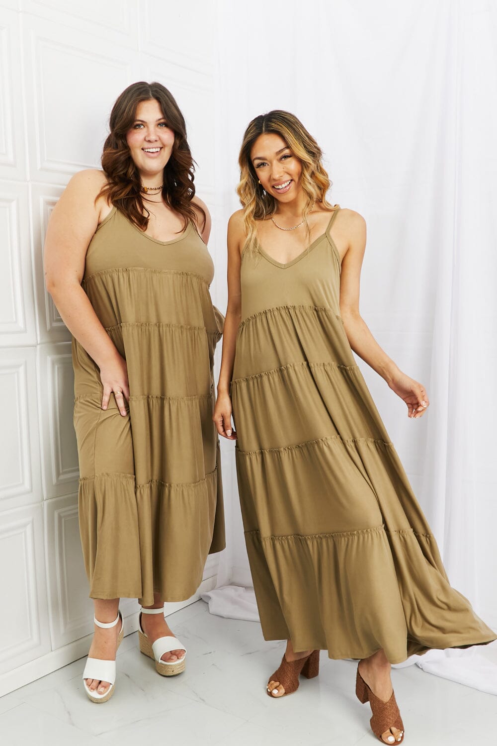 Zenana Full Size Spaghetti Strap Tiered Dress with Pockets in Khaki - Sydney So Sweet