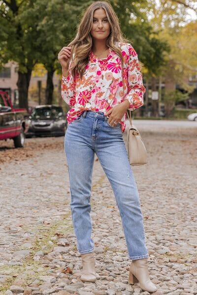 Floral V-Neck Frill Long Sleeve Blouse - Sydney So Sweet