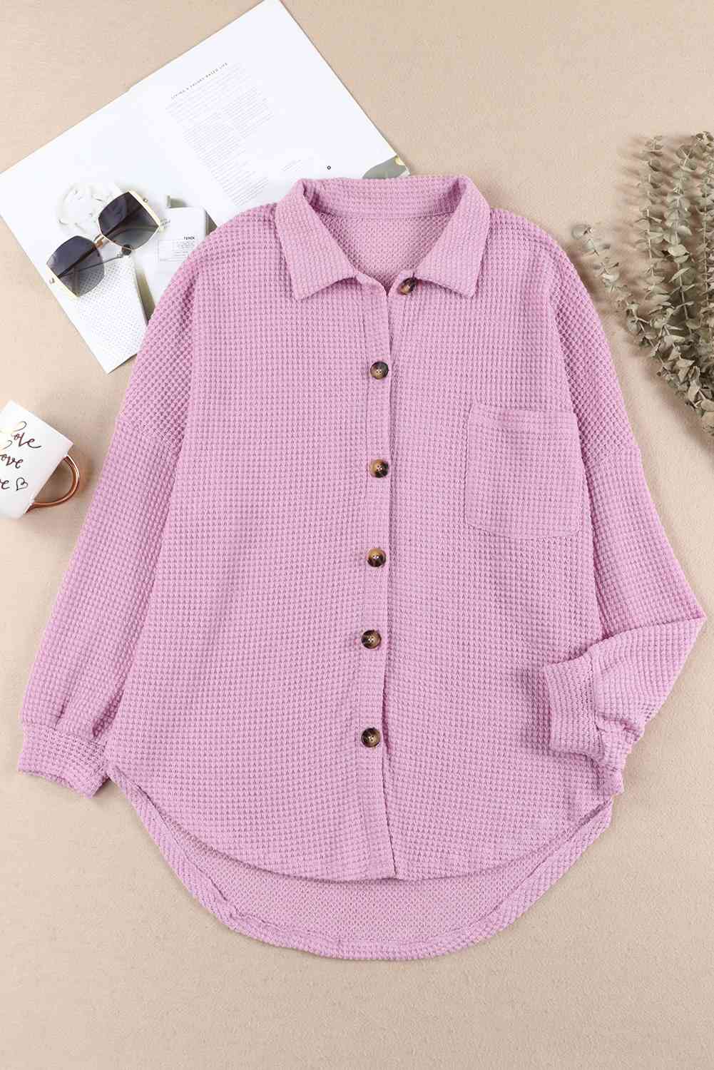 Waffle-Knit Button Up Long Sleeve Shirt with Pocket - Sydney So Sweet