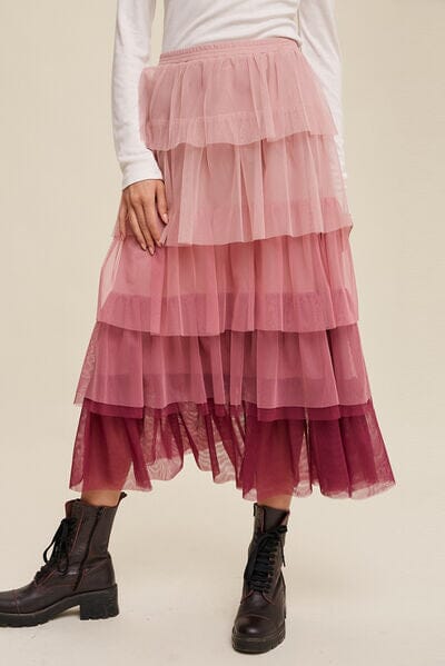 High Waisted Layered Tulle Ruffle Midi Ruffle Skirt Pink
