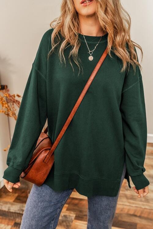 Round Neck Drop Shoulder Slit Sweatshirt - Sydney So Sweet